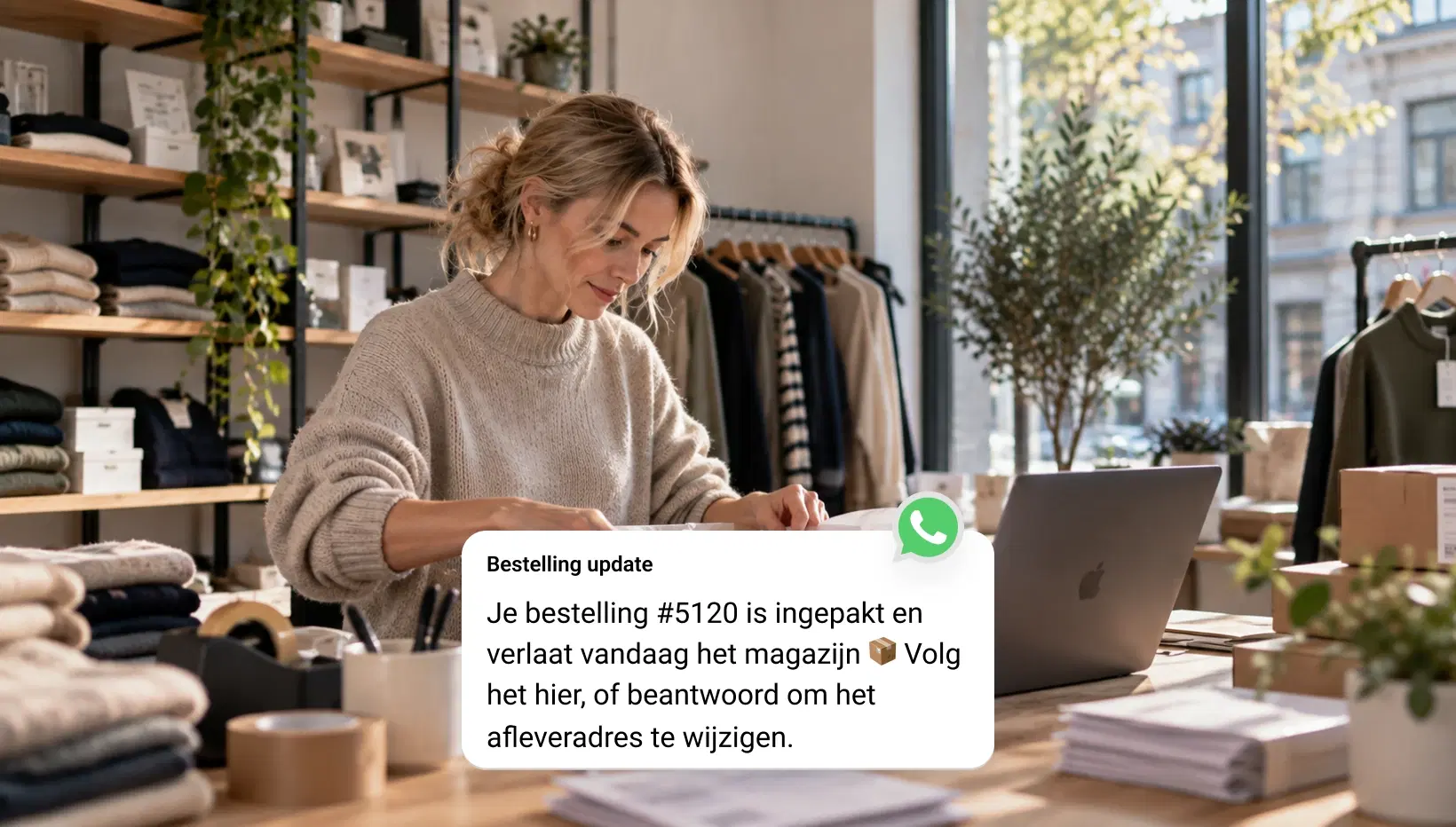 Online shopper opent een WhatsApp-campagnebericht op haar telefoon