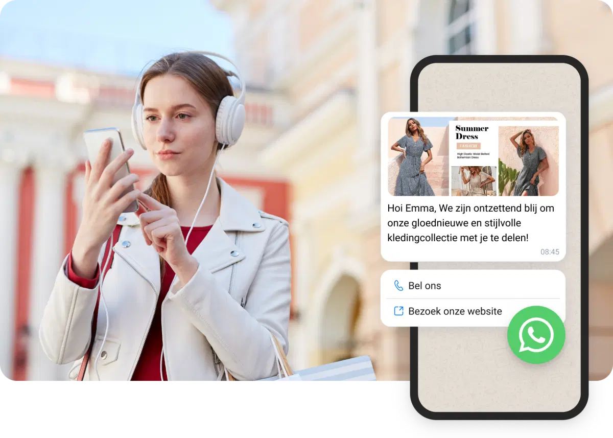 Meisje met witte koptelefoon leest WhatsApp-berichten ontvangen van e-commerce
