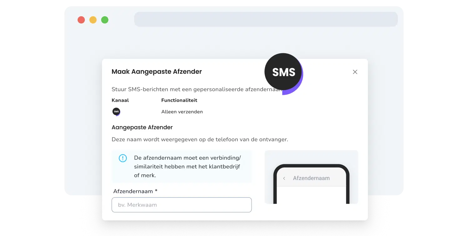 Screenshot van de branded SMS-afzenderinstellingenpagina van TopMessage.