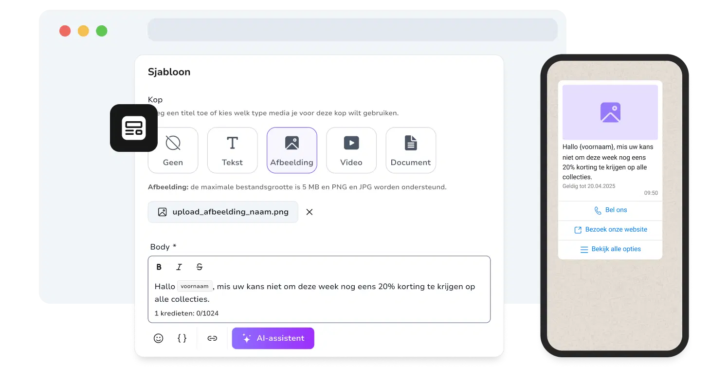Screenshot van de dynamische WhatsApp-sjablooncreatiepagina van TopMessage