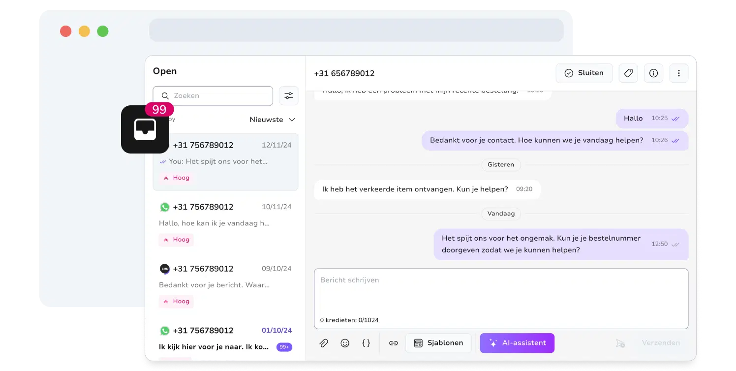 Screenshot van de berichteninboxpagina van TopMessage