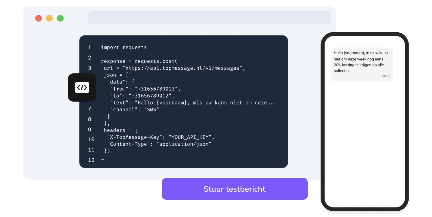 Screenshot van de API-pagina van TopMessage met de SMS-code testfunctie.
