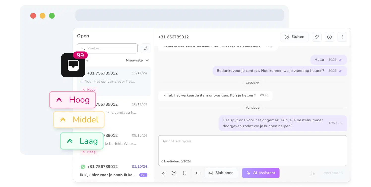 Screenshot van de gecentraliseerde berichteninbox van TopMessage met gespreksprioriteiten.