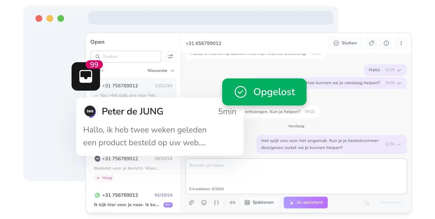 Screenshot van de gecentraliseerde berichteninbox van TopMessage met opgeloste sms-gesprekken.