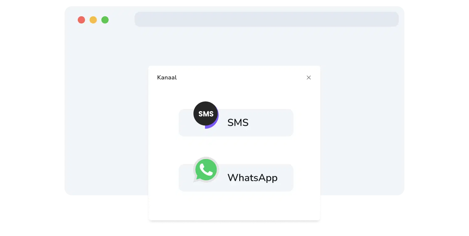 Screenshot van de selectiepagina voor WhatsApp- en sms-kanalen van TopMessage.