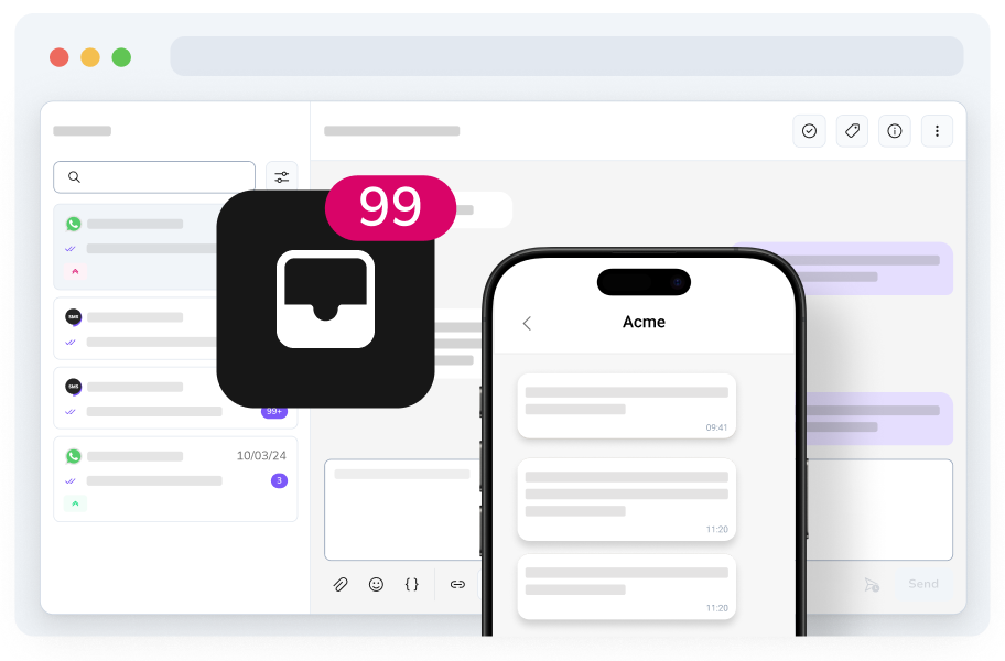 Interface van het messaging platform op een smartphone met notificatiebadge van 99 berichten, wat een hoog berichtvolume symboliseert.