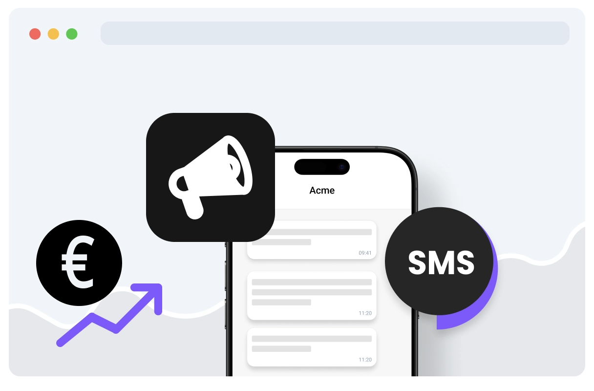 Smartphone met SMS- en megafoon-iconen, samen met euro-symbool en stijgende pijl, symboliseert SMS-marketing en groei in inkomsten.