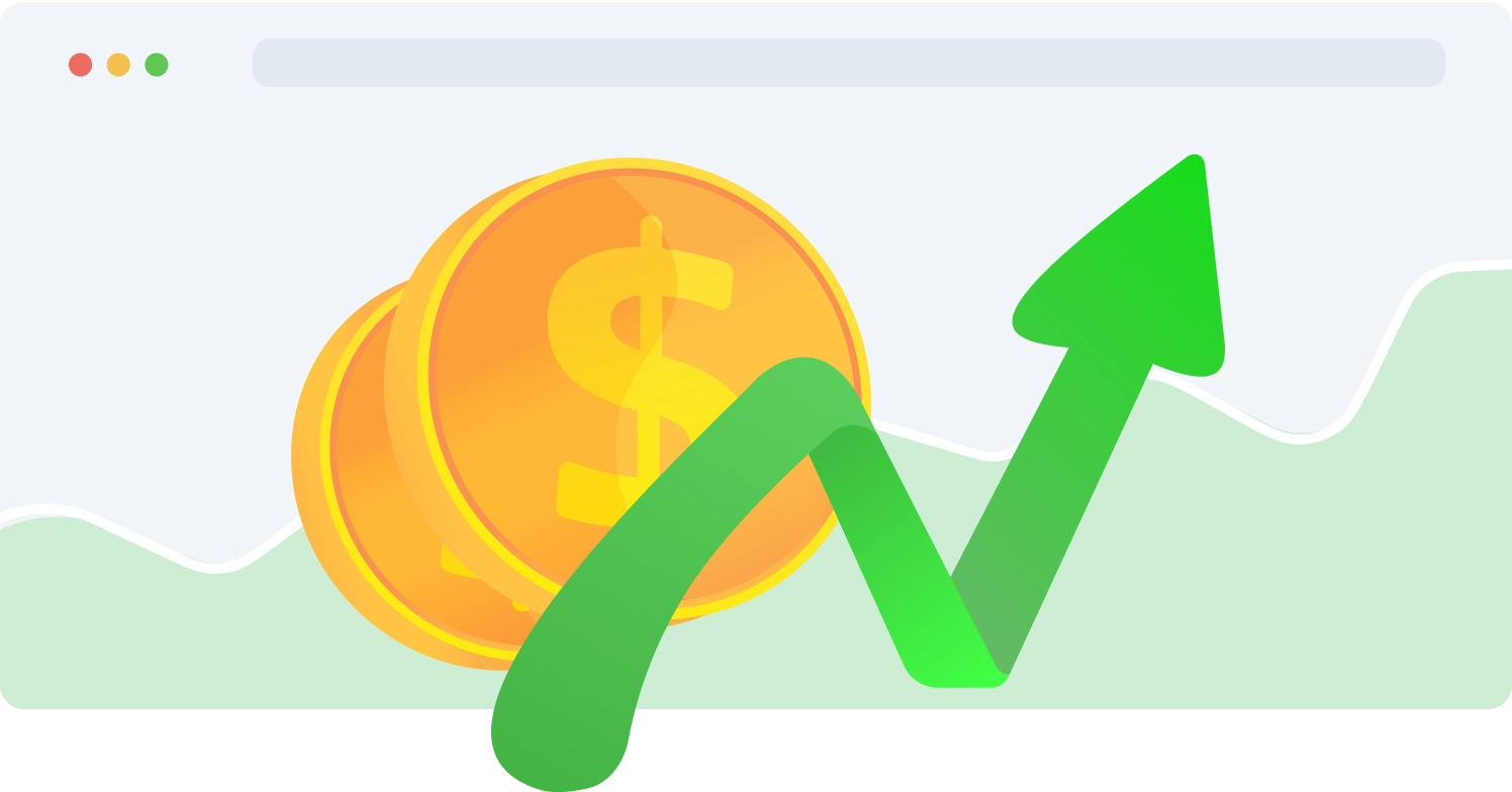 Affiliate-programma-icoon: gouden munten en een groene stijgende pijl, die affiliate-inkomsten en groei weergeven.