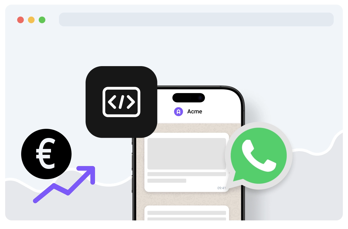 Smartphone met WhatsApp- en codeer-iconen, plus euro-symbool en stijgende pijl, symboliseert WhatsApp-integratie en verdiensten voor ontwikkelaars.