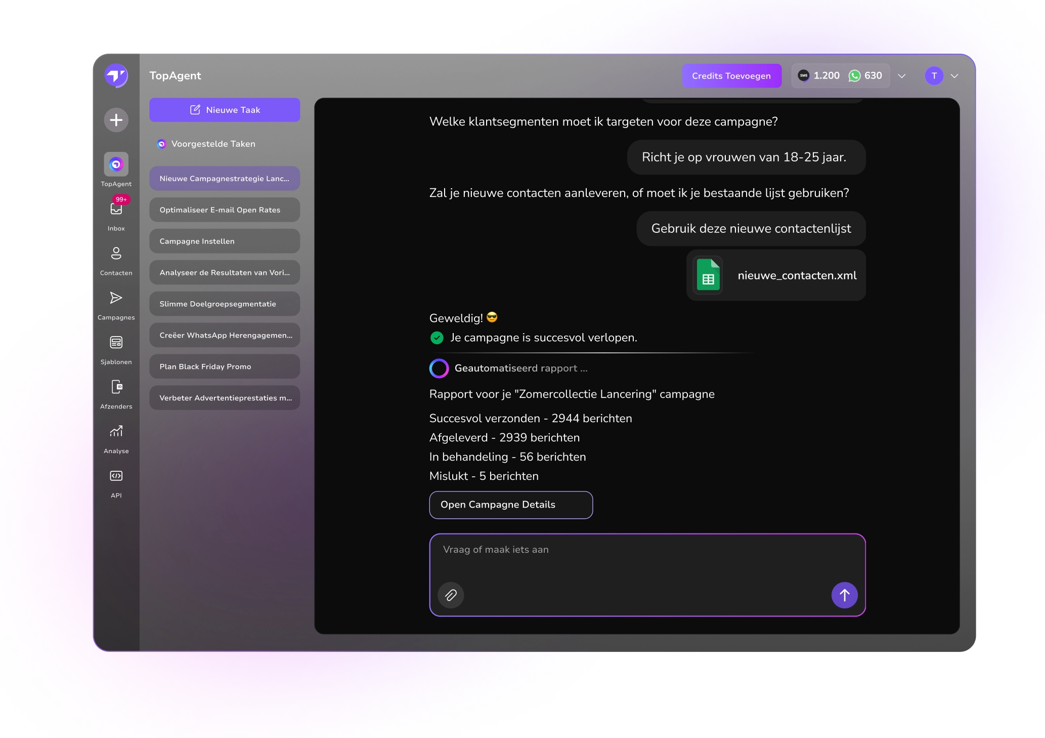 Screenshot van het TopMessage AI-dashboard met geautomatiseerde campagnecreatie, proactieve rapportage en AI die klanttaken afhandelt zonder handmatige input.