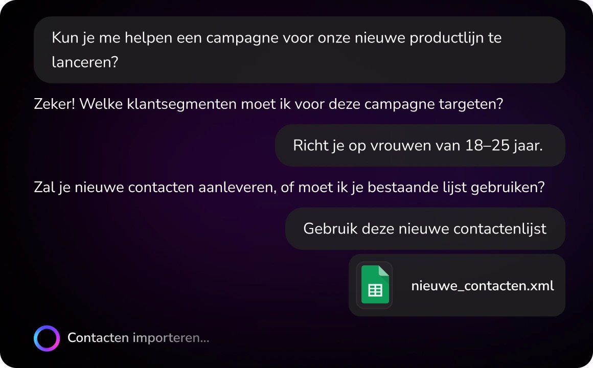 Screenshot van TopMessage TopAgent-interface waarin de gebruiker wordt gevraagd informatie te geven om automatisch campagnes te creëren, inclusief velden voor campagnedoelen, doelgroep en berichtvoorkeuren.