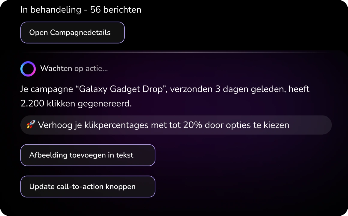 Screenshot van TopMessage-interface met AI-gestuurde aanbevelingen voor het verbeteren van klantinteractie.