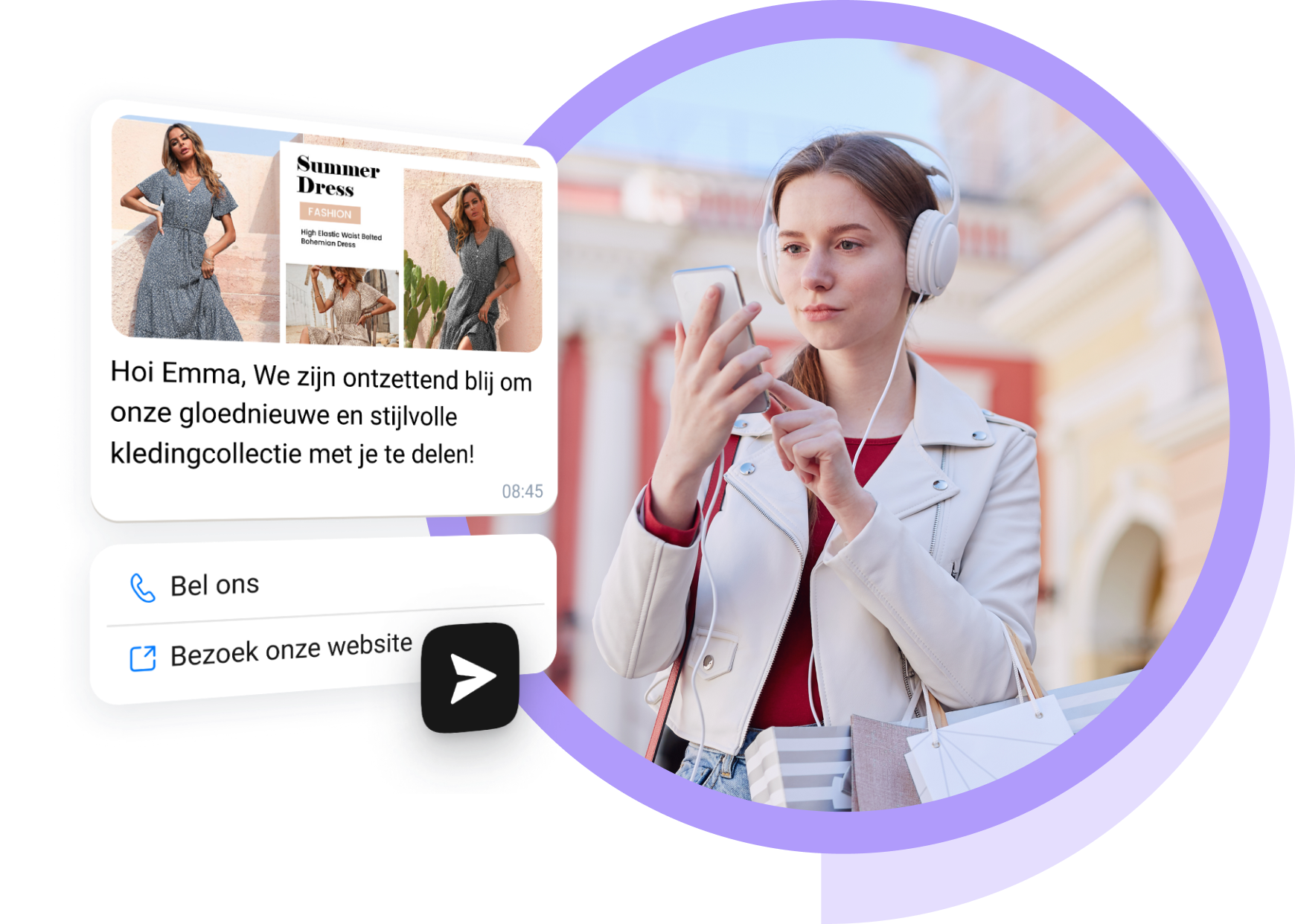Meisje met witte hoofdtelefoons leest WhatsApp-berichten van e-commerce
