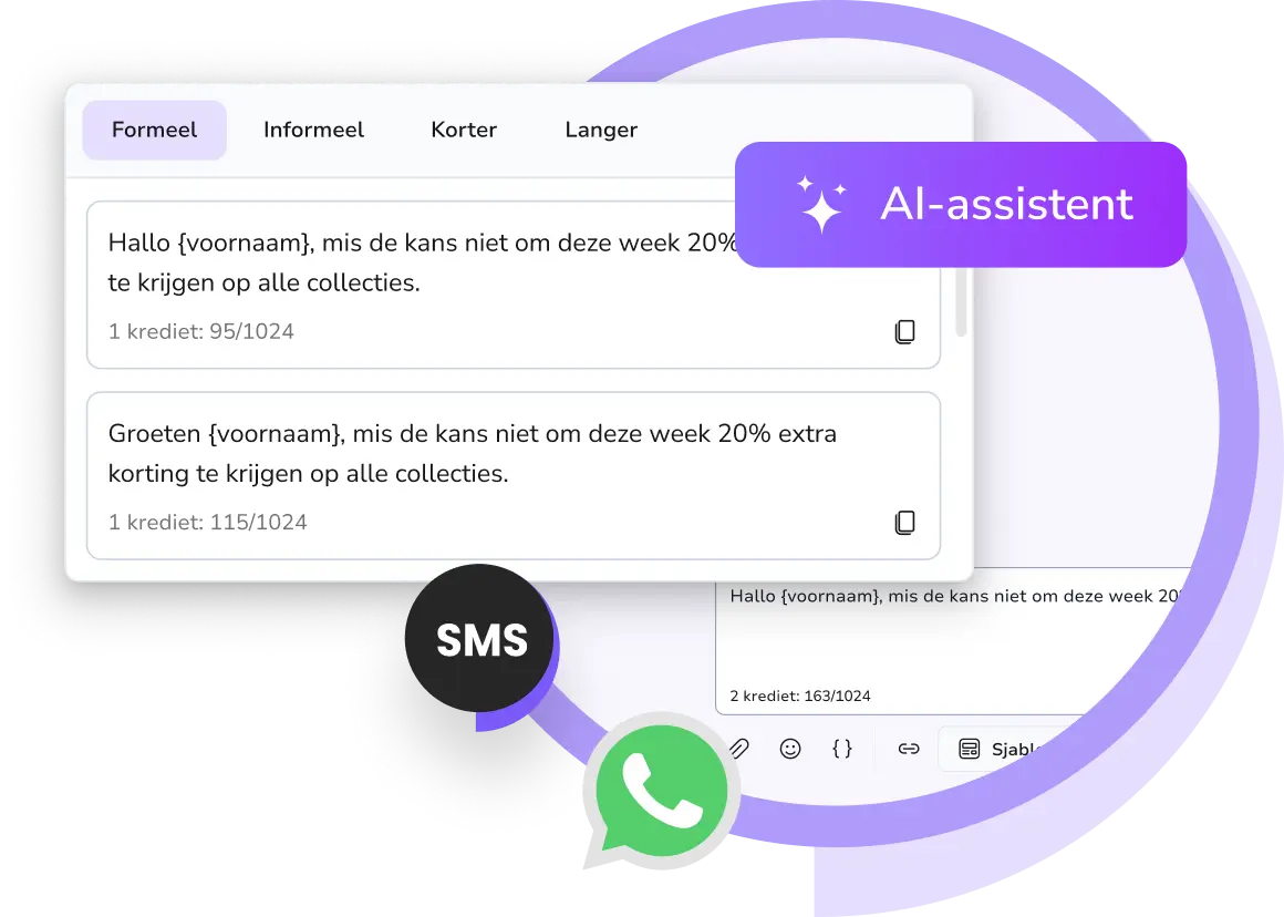 Schermafbeelding van TopMessage AI Assistant die slimme antwoordsuggesties genereert en klantberichten via sms en WhatsApp in de gemeenschappelijke inbox verbetert.