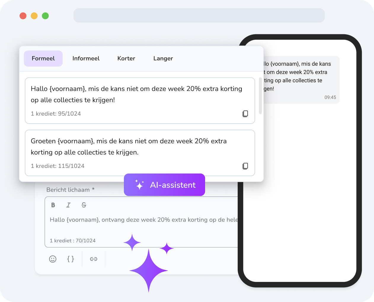 Telefoonscherm waarop TopMessage AI slimme antwoordsuggesties genereert voor een binnenkomend sms-bericht van een klant, met één tik om te verzenden.
