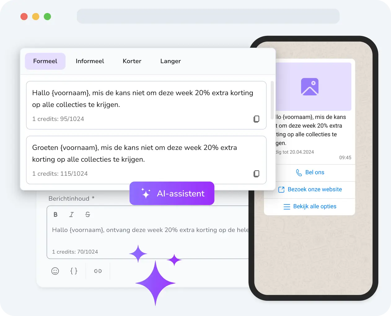 Telefoonscherm met TopMessage AI die slimme antwoordsuggesties genereert voor inkomende klantberichten op WhatsApp, met één tik om te verzenden.
