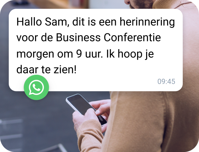 De TopMessage WhatsApp-sjabloon wordt gebruikt om een gepersonaliseerde herinnering te sturen over een aankomende conferentie.