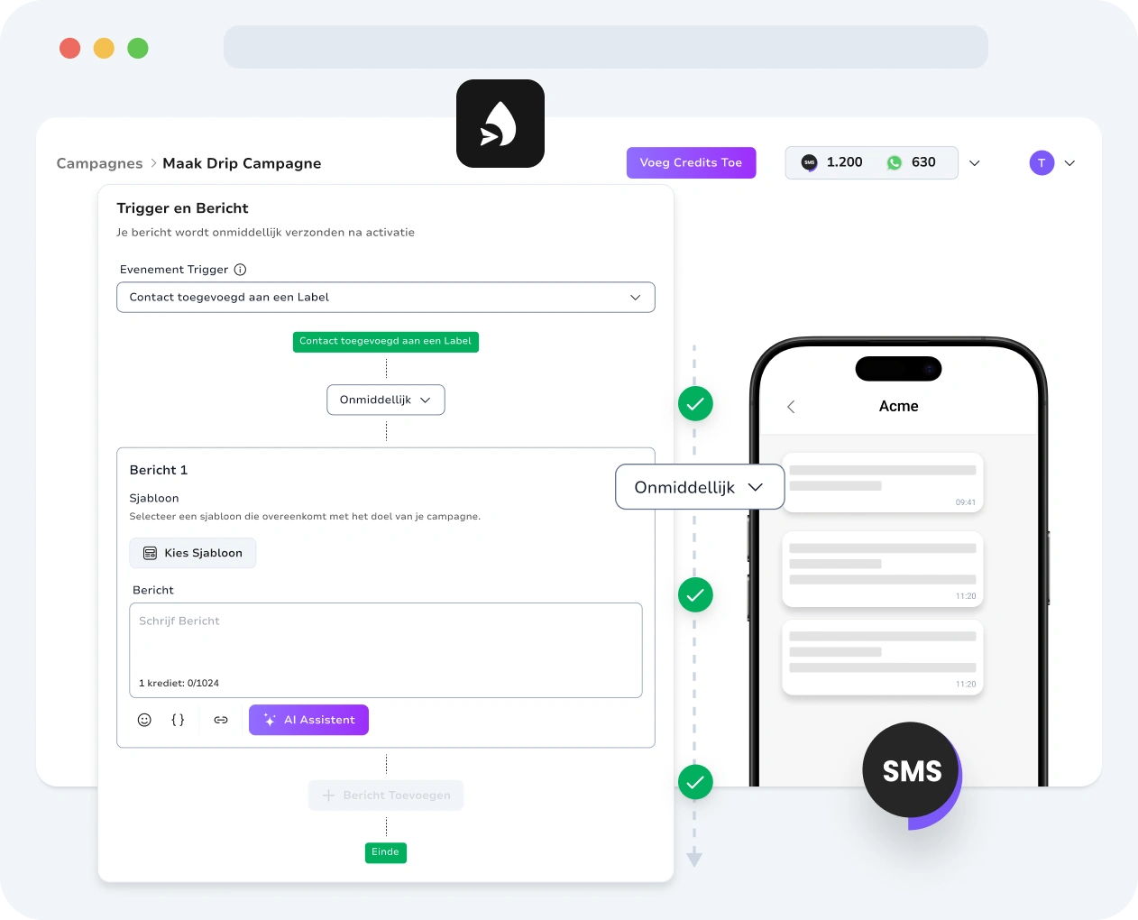 Screenshot van de interface voor sms-drip-campagnes van TopMessage.