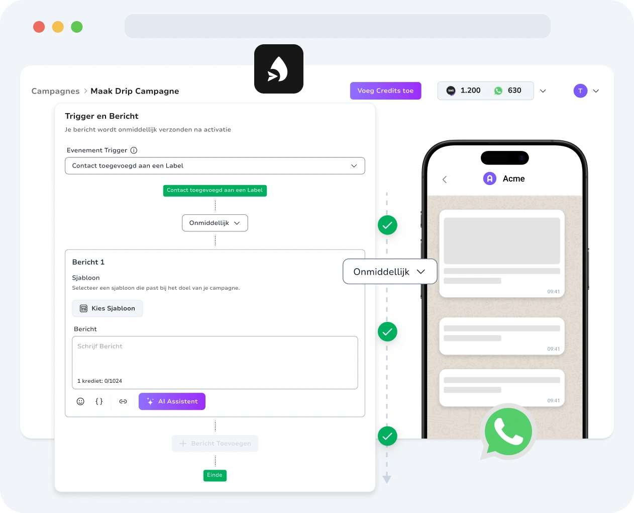 Screenshot van de interface voor WhatsApp-drip-campagnes van TopMessage.