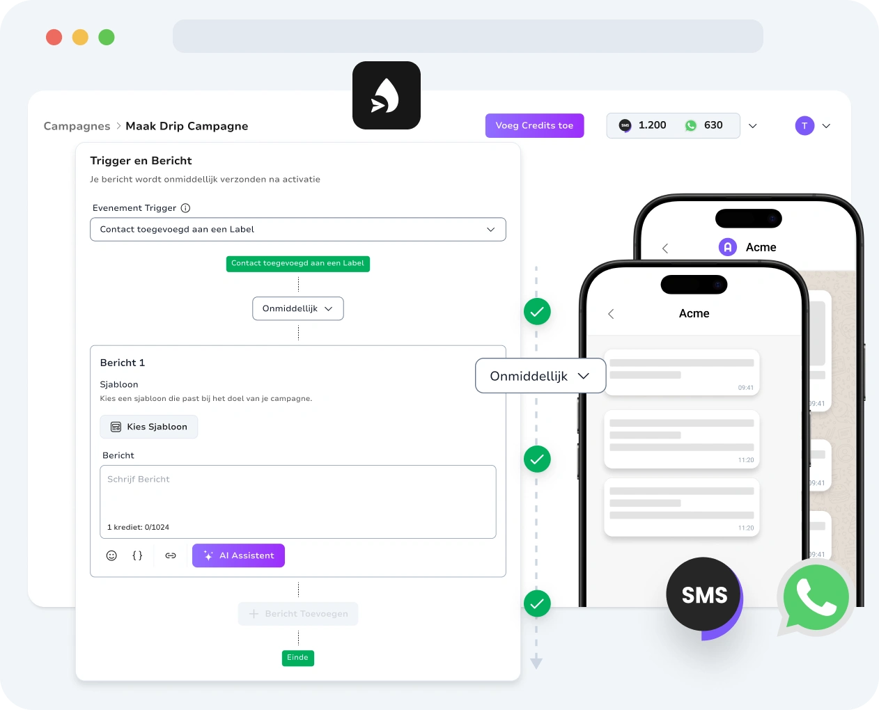 Screenshot van de interface voor drip-campagnes van TopMessage.