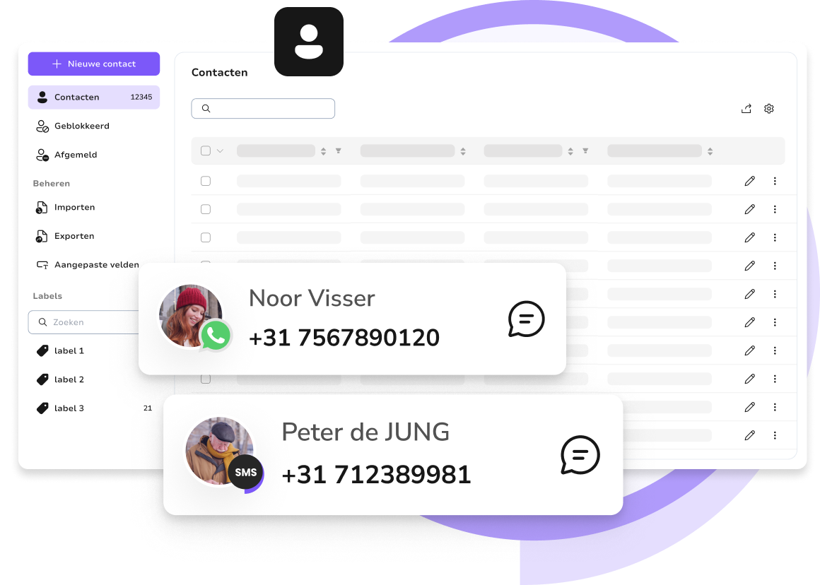 TopMessage-contactbeheerinterface voor het toevoegen, segmenteren en exporteren van contacten voor sms- en WhatsApp-campagnes