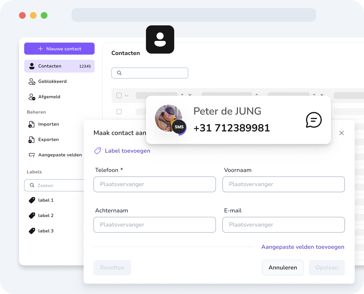 TopMessage-contactbeheer met aangepaste velden voor het personaliseren van SMS- en WhatsApp-berichten