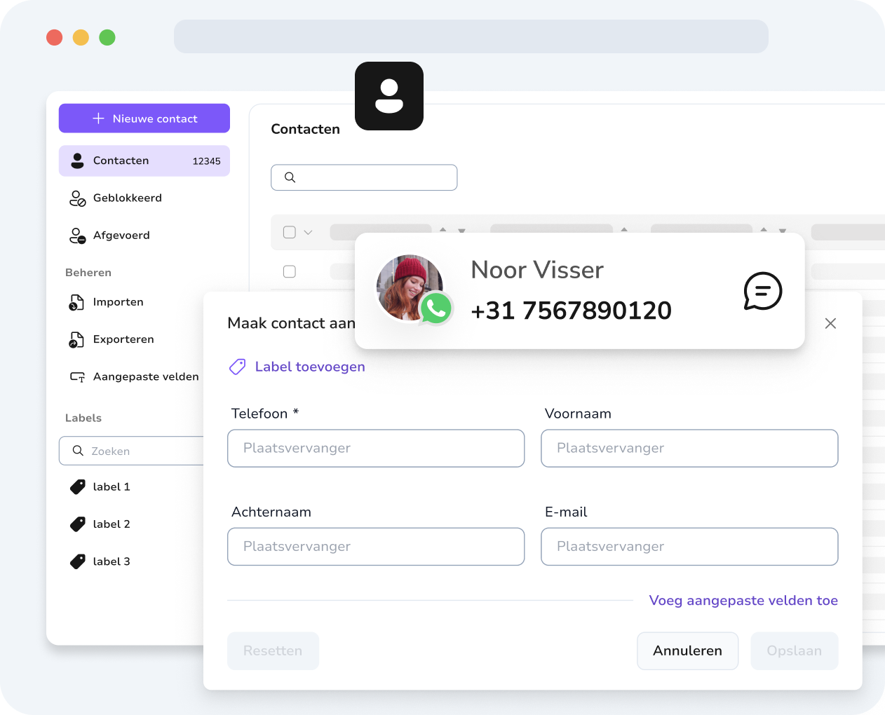 TopMessage-contactbeheer met aangepaste velden om WhatsApp-berichten te personaliseren