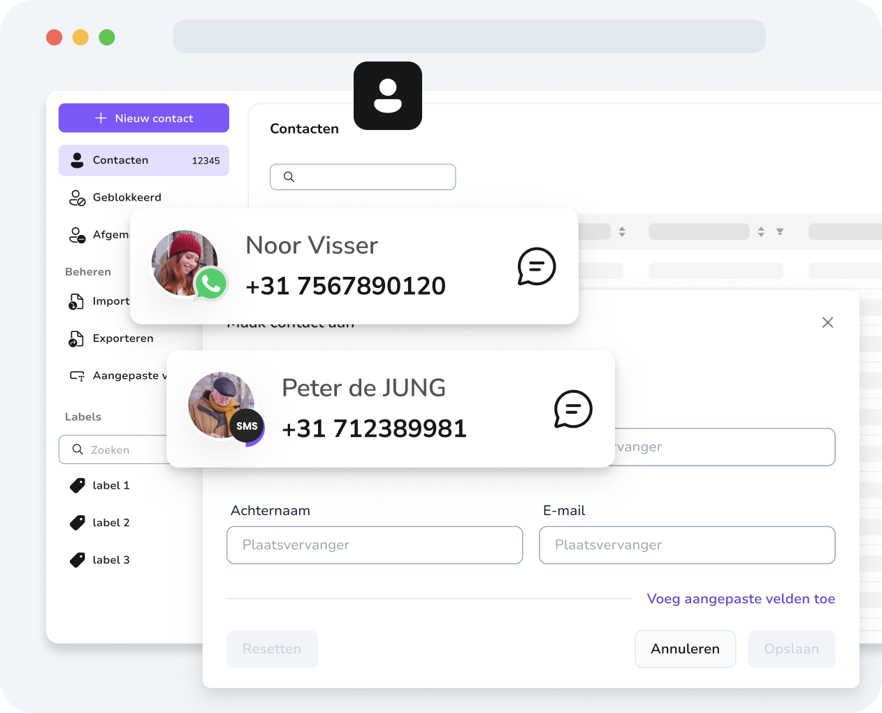 TopMessage-contactbeheer met aangepaste velden voor het personaliseren van sms- en WhatsApp-berichten