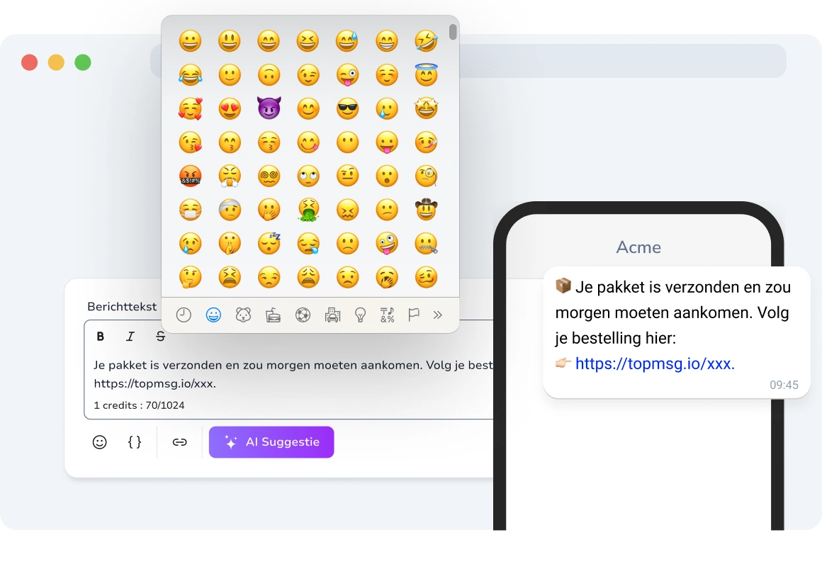 Chatgesprek op een smartphone met emoji's zoals smiley's, duimen omhoog en handgebaren om persoonlijkheid en betrokkenheid toe te voegen.
