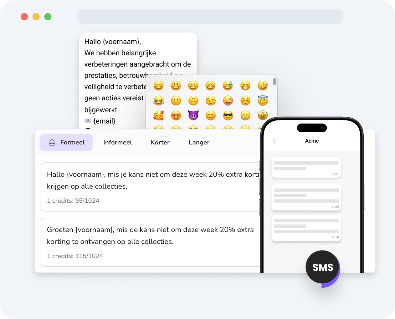 Screenshot van de TopMessage-interface met de tool voor verrijkte sms, inclusief personalisatie-opties en prestatiestatistieken.