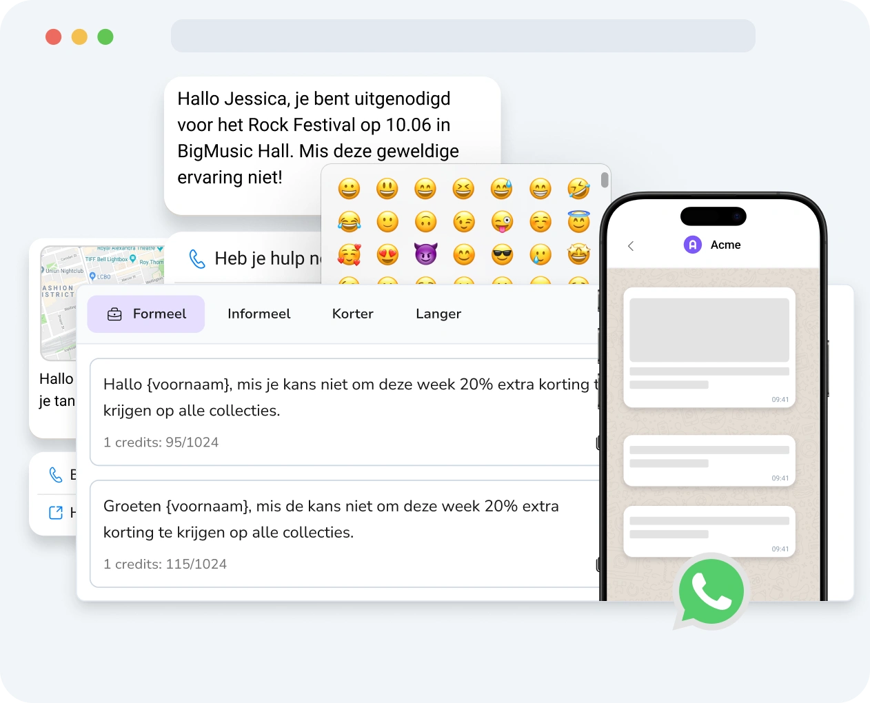 Screenshot van de TopMessage-interface met de tool voor verrijkte WhatsApp, inclusief personalisatie-opties en prestatiestatistieken.