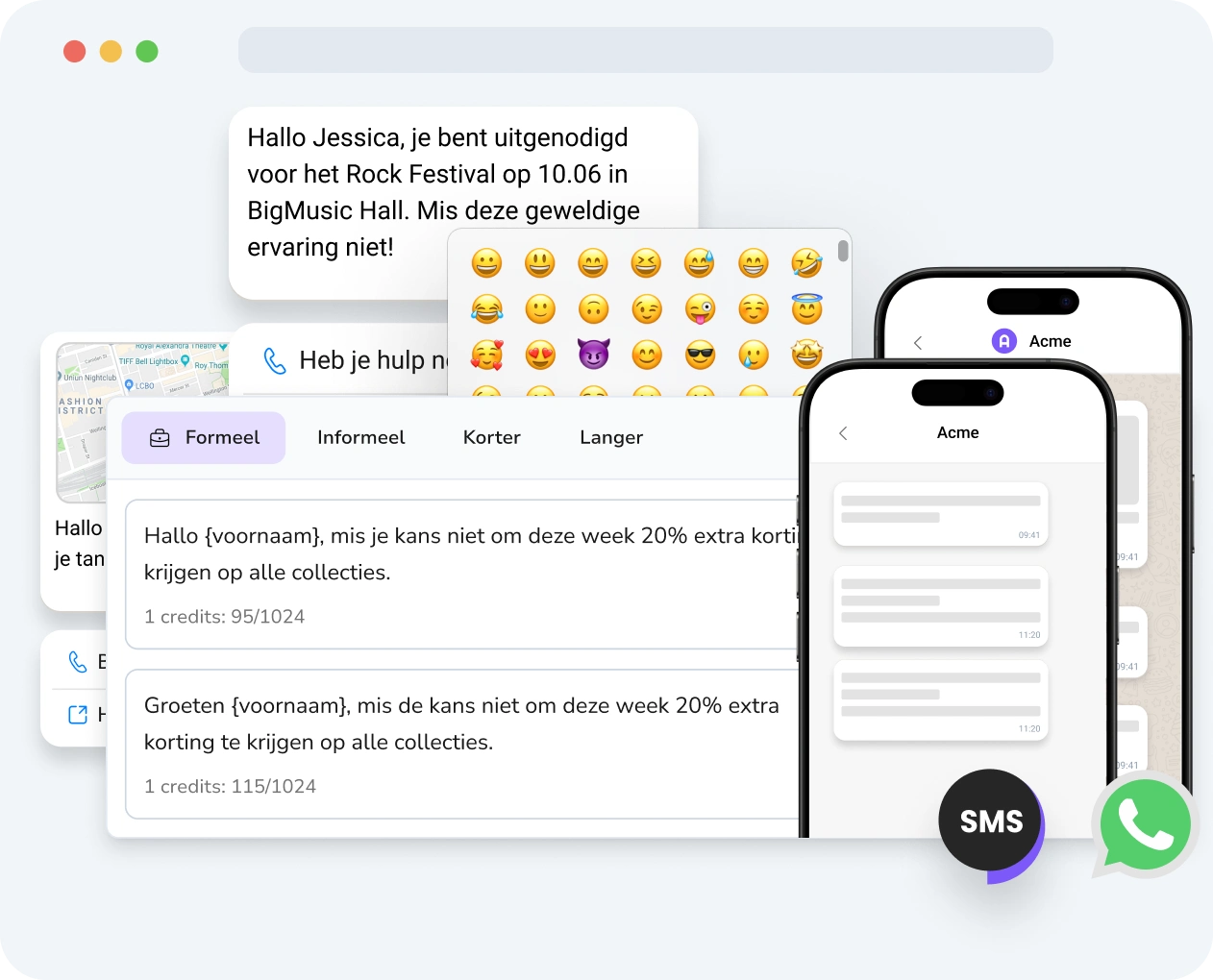 Screenshot van de TopMessage-interface met de tool voor verrijkte berichten, inclusief multimedia-inhoud, personalisatie-opties en prestatiestatistieken.