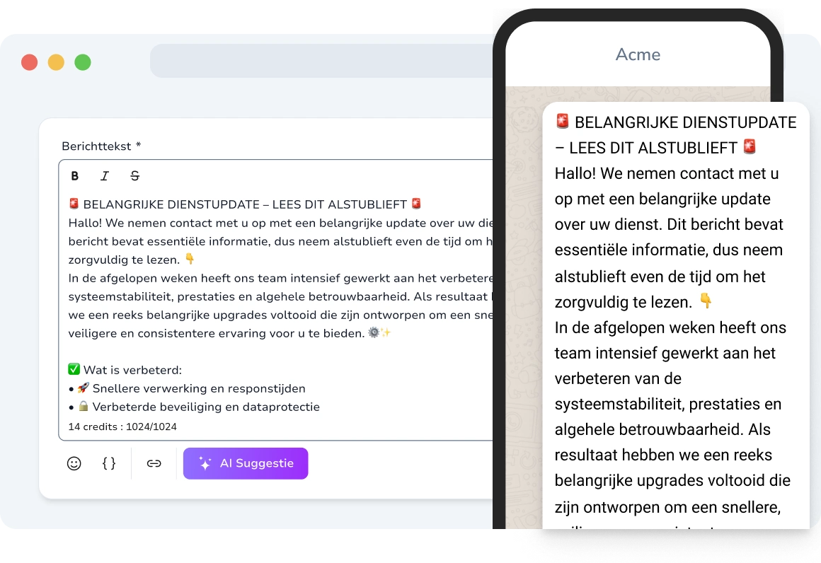 Telefoon die een lange sms van meer dan 1024 tekens toont, die de volledige inhoud in één verrijkt bericht levert.