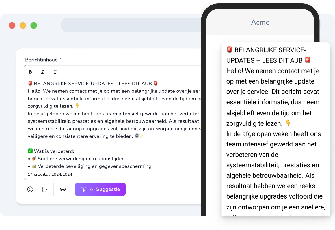 Weergave van een lang WhatsApp-bericht van maximaal 1024 tekens, dat volledige informatie levert in één bericht zonder de inhoud te splitsen.