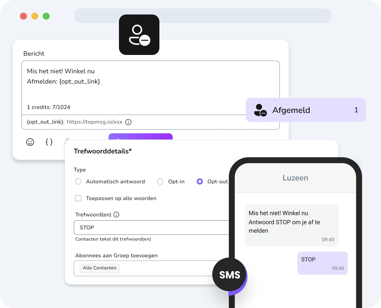 Screenshot van de TopMessage drip-campagnes interface waarbij de opt-out opties duidelijk worden weergegeven.