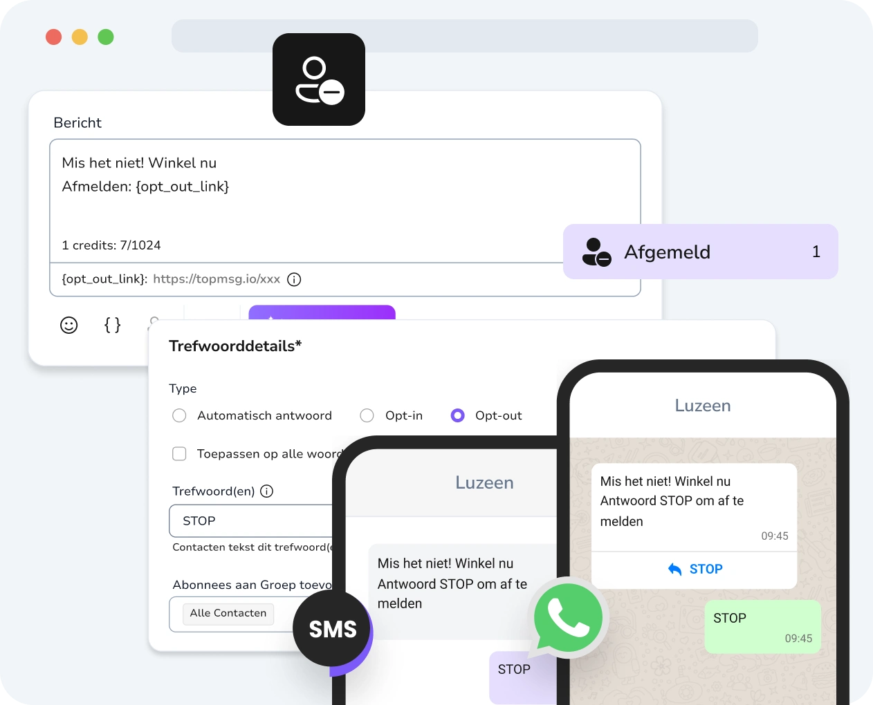 Screenshot van de TopMessage drip-campagnes interface waarbij de opt-out opties duidelijk worden weergegeven.