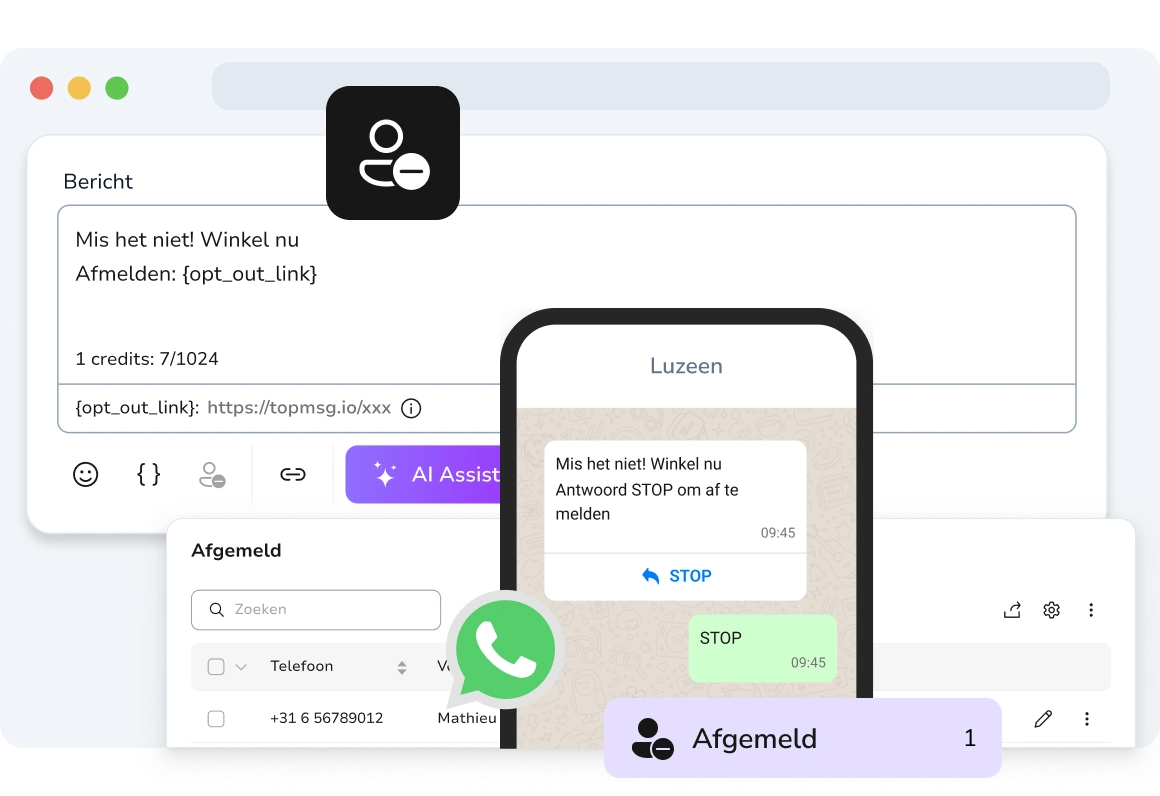 Weergave van een contact dat een trefwoord zoals "STOP" stuurt om zich automatisch af te melden voor sms-berichten.