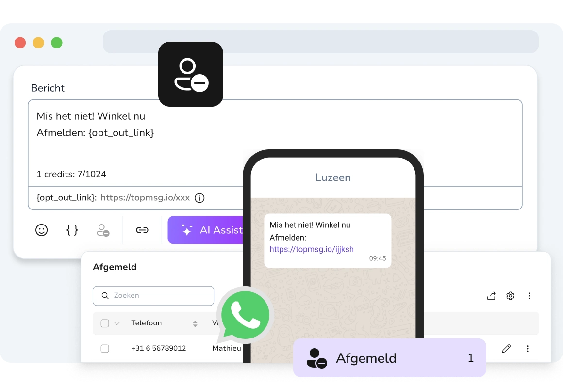 Weergave van een WhatsApp-bericht met een klikbare opt-out link, waardoor de ontvanger zich kan afmelden en kan worden toegevoegd aan de lijst met afgemelde contacten.