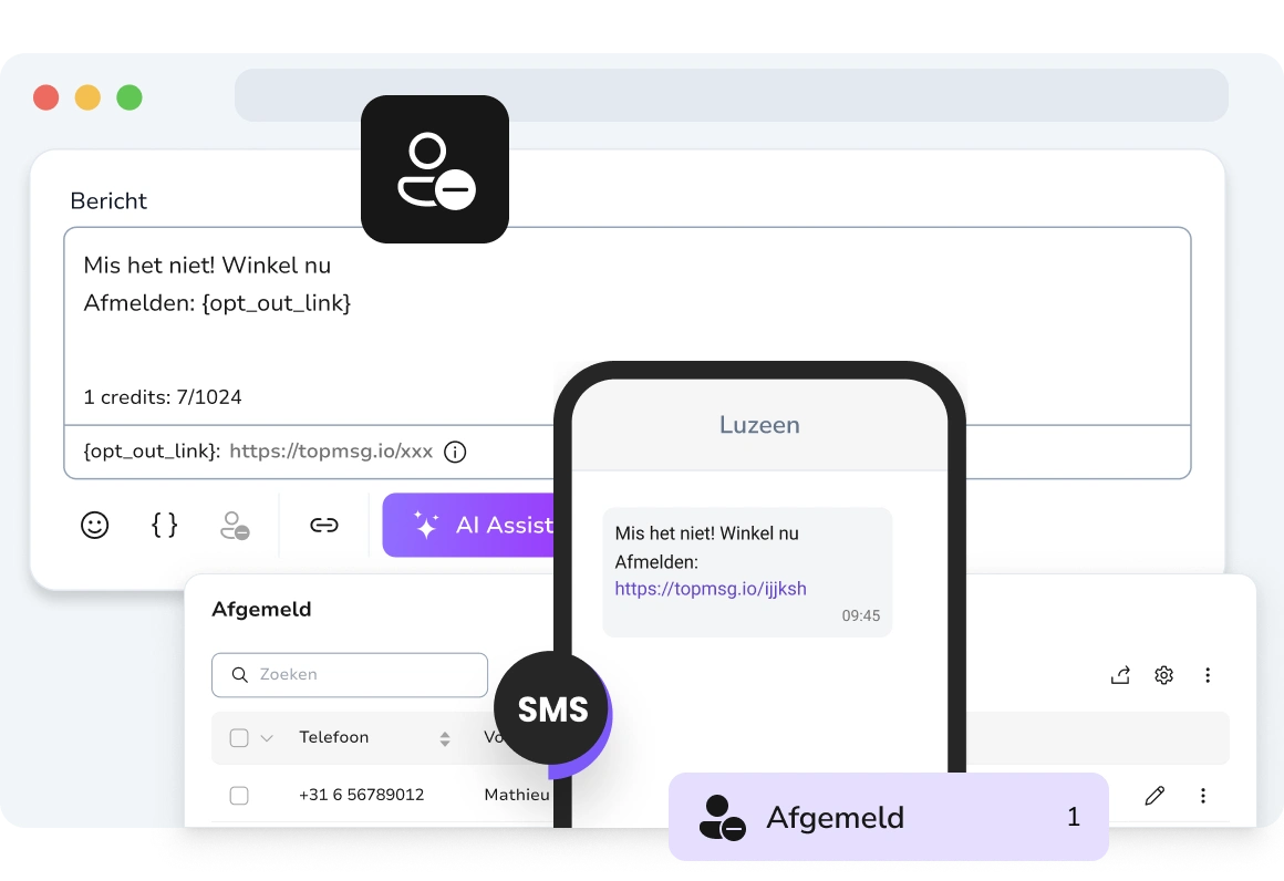 Weergave van een sms-bericht met een klikbare opt-out link, waardoor de ontvanger zich kan afmelden en kan worden toegevoegd aan de lijst met afgemelde contacten.
