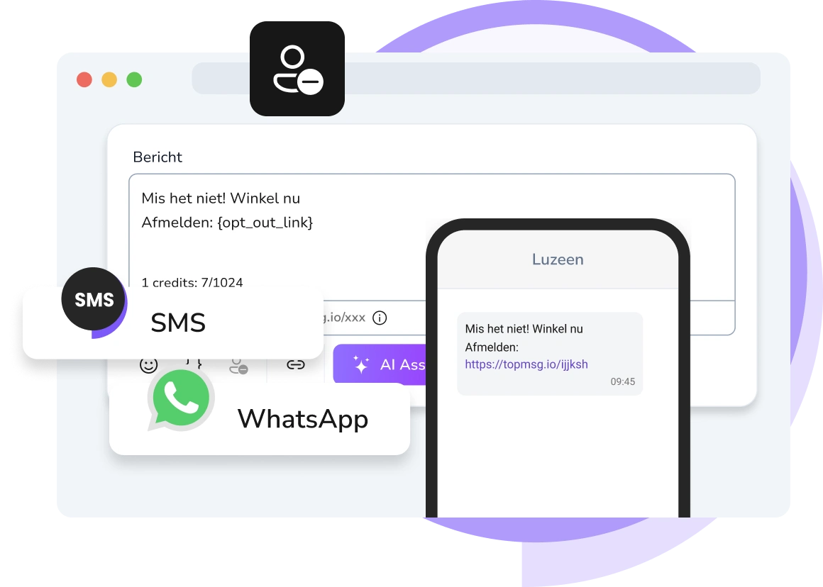 Screenshot van de TopMessage-app met het opt-out beheer dashboard voor geautomatiseerde berichten.
