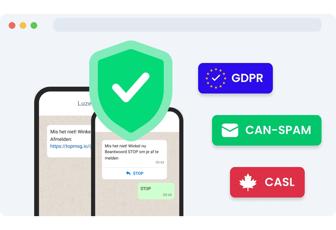 Illustratie van AVG-, CAN-SPAM- en CASL-nalevingsiconen, die eenvoudige en wettelijke opt-out opties voor ontvangers benadrukken.