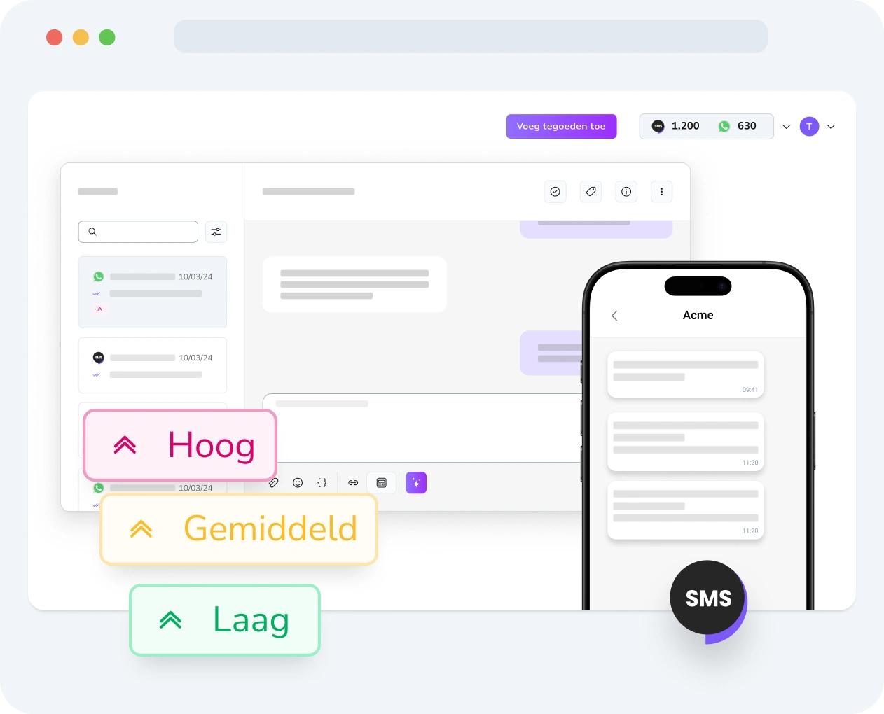 Interface met instellingen voor sms-berichtprioriteit en prestatiestatistieken in TopMessage.