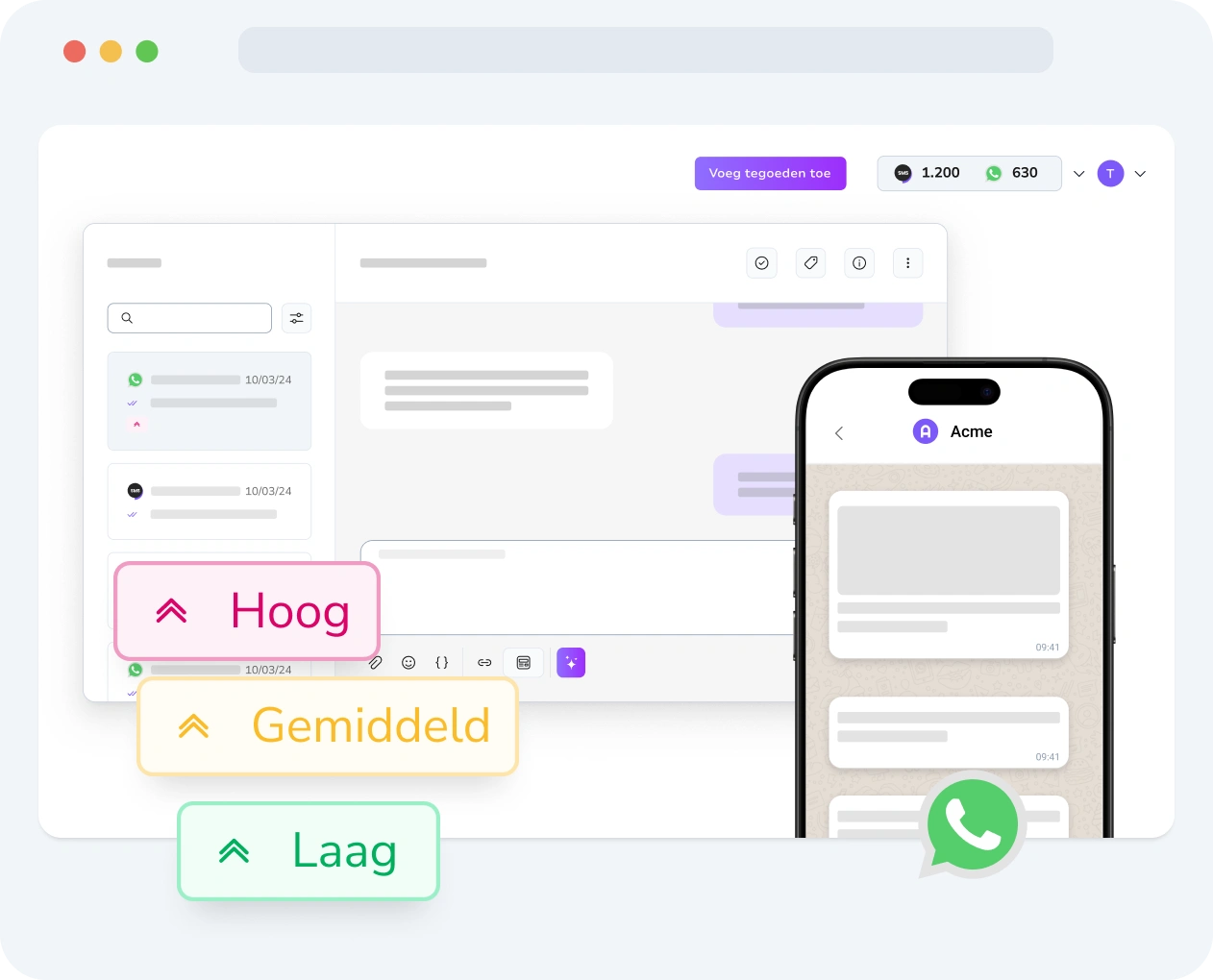 Interface met instellingen voor WhatsApp-berichtprioriteit en prestatiestatistieken in TopMessage.