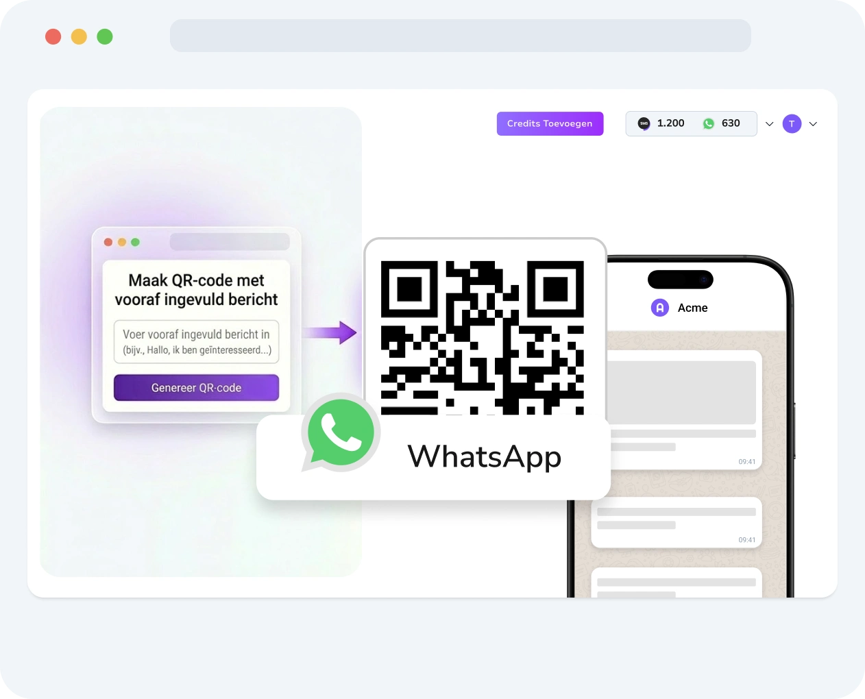 Screenshot van de TopMessage-interface met de WhatsApp QR-code-creatietool met aanpassingsmogelijkheden en prestatiestatistieken.