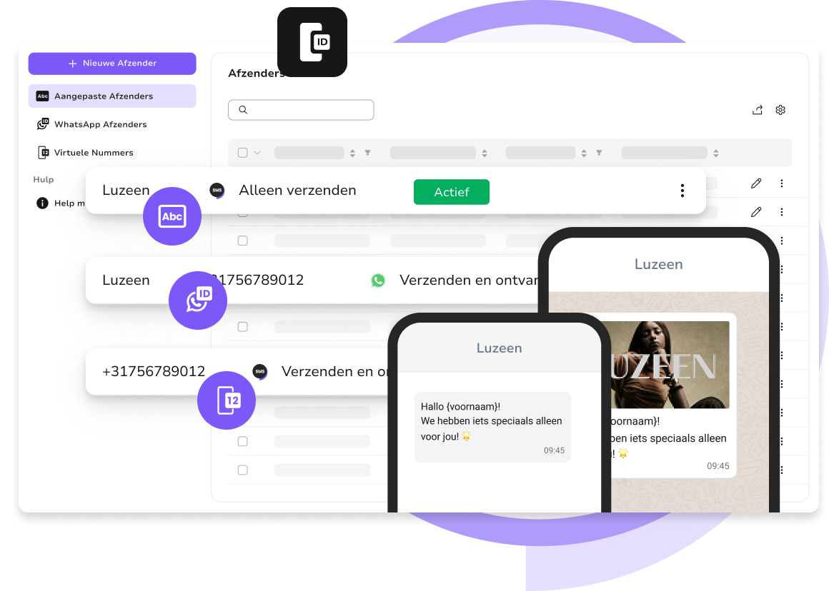 TopMessage-afzendersdashboard met interface voor het aanmaken en beheren van afzenders