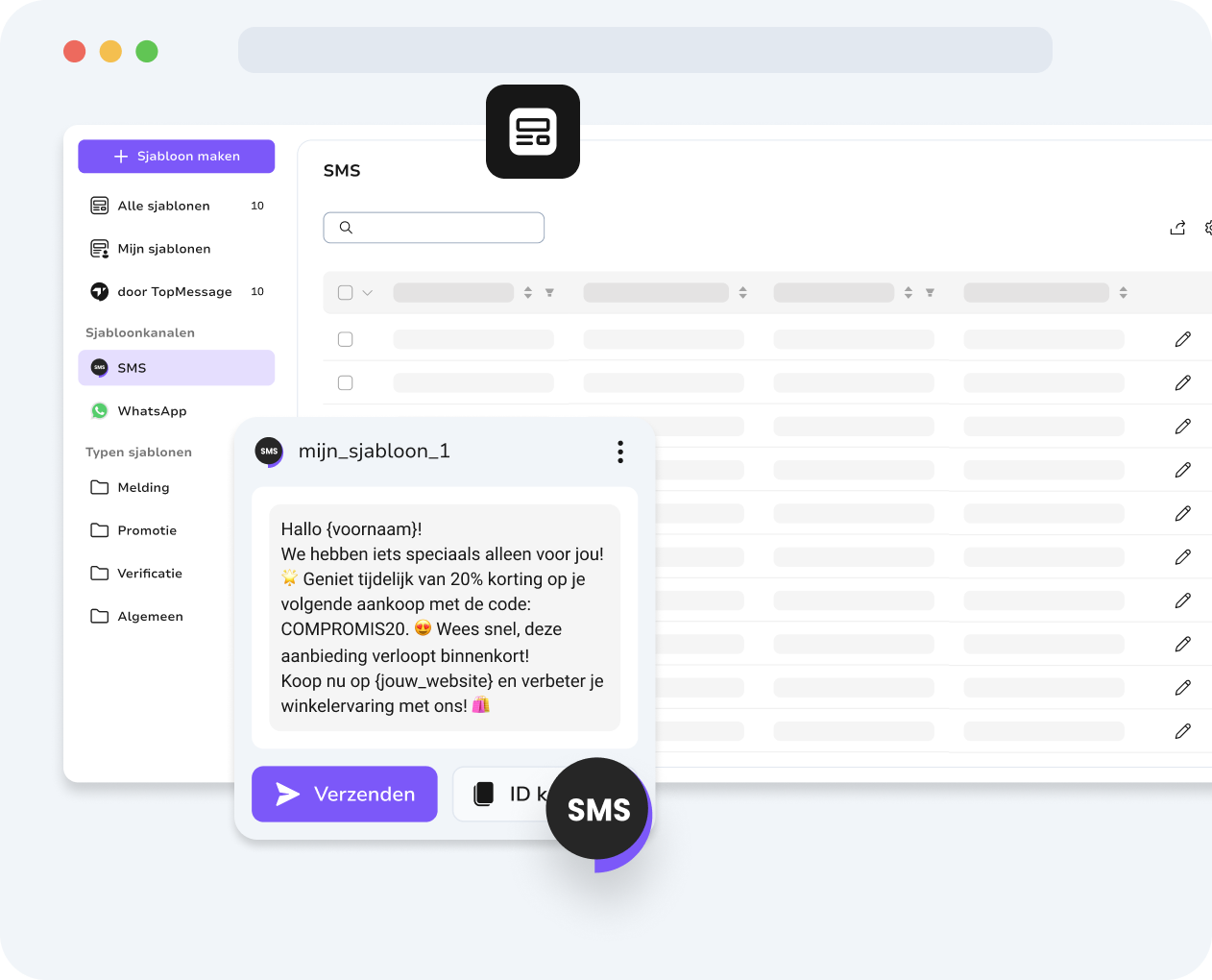 Geïntegreerd TopMessage-dashboard met SMS- en WhatsApp-sjablonen voor gestroomlijnd communicatiemanagement.