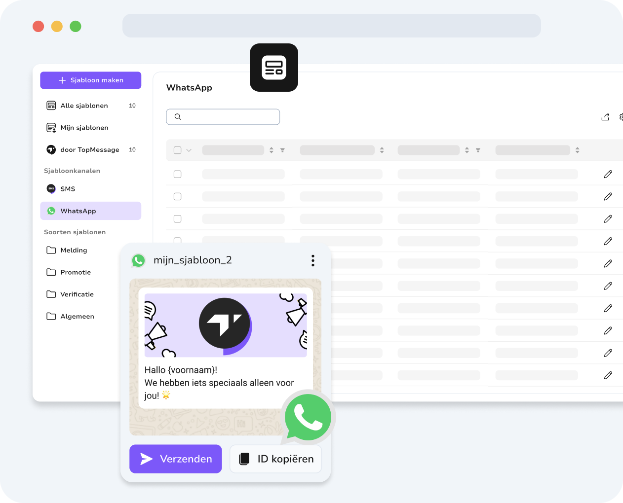 Het uniforme TopMessage-dashboard met WhatsApp- en sms-sjablonen voor gestroomlijnd communicatiebeheer.