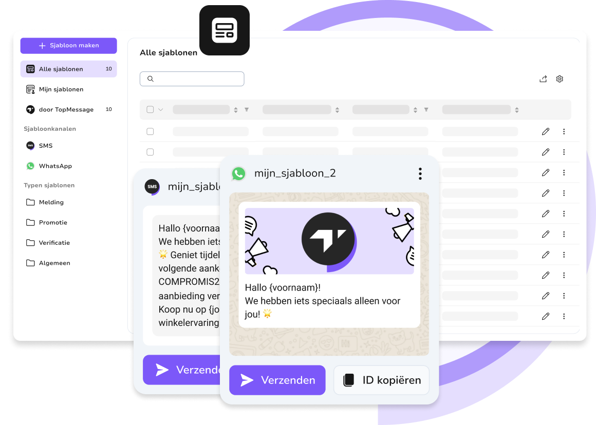 TopMessage-platforminterface met WhatsApp-berichtsjablonen voor geautomatiseerde en gepersonaliseerde communicatie
