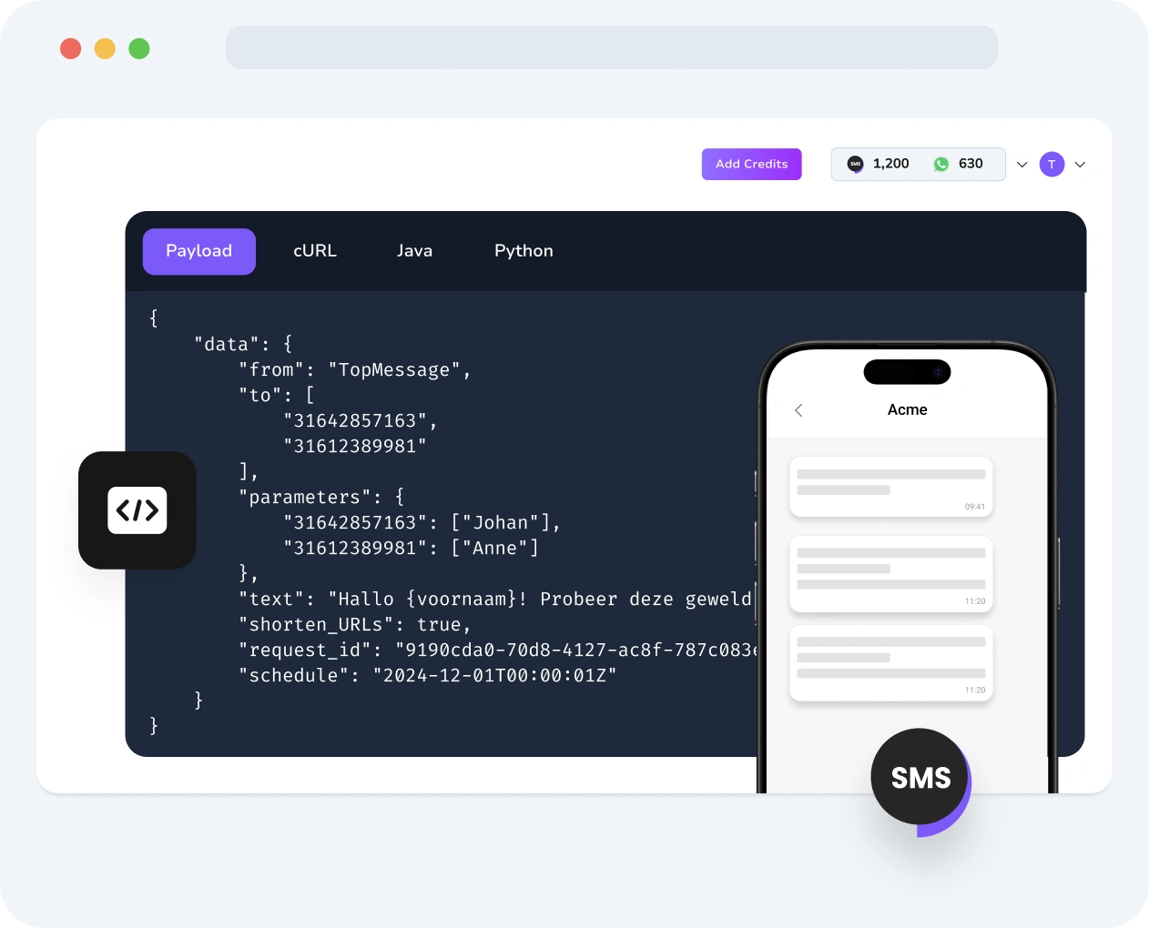 Screenshot van het TopMessage-dashboard dat Sms Verify API-verzoeken, tijdlijnen voor codebezorging en realtime verificatieresultaten toont.