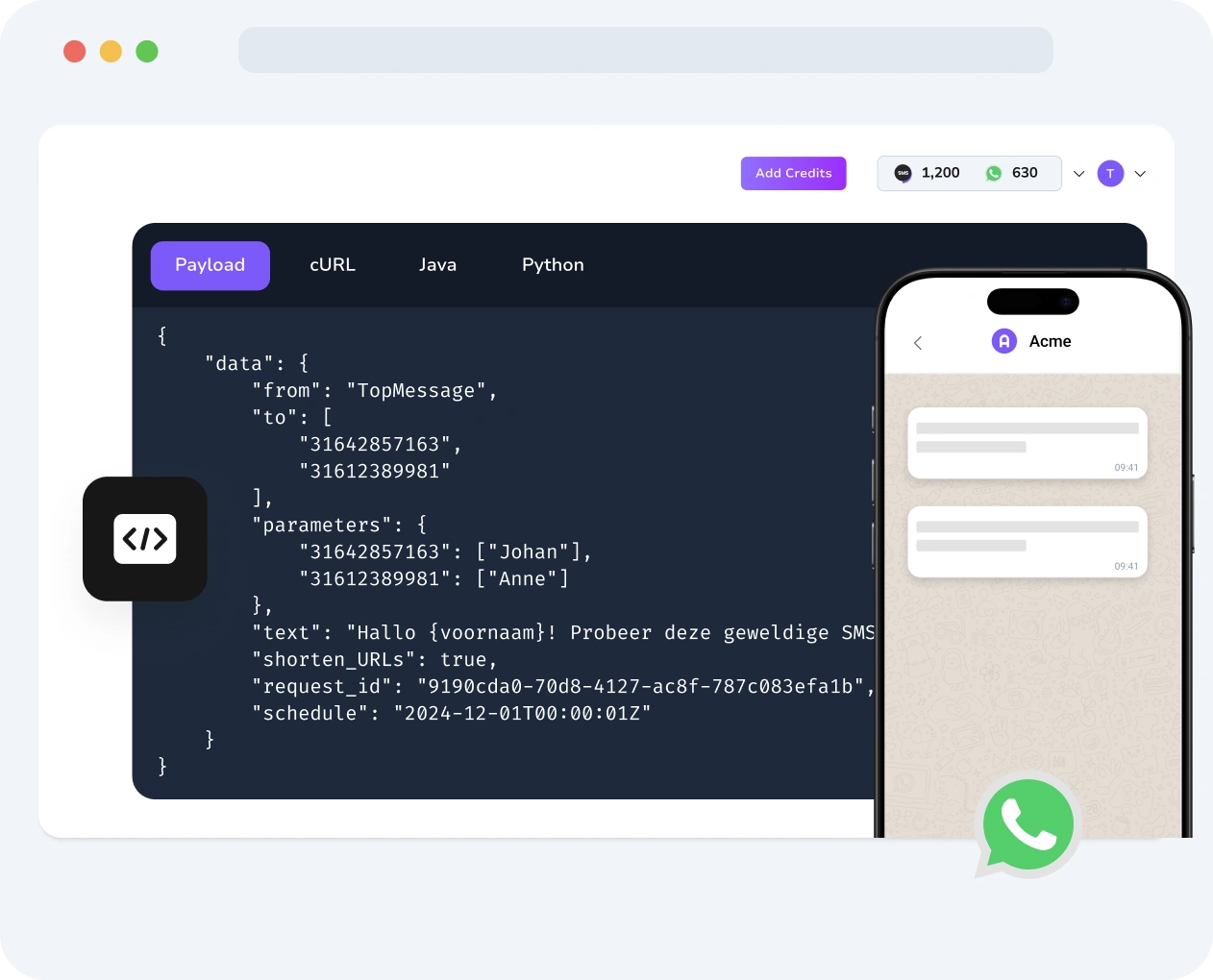 Screenshot van het TopMessage-dashboard dat activiteit van de WhatsApp Verify API toont, inclusief logboeken voor codebezorging, succespercentages van verificaties en details van de berichtenstroom.